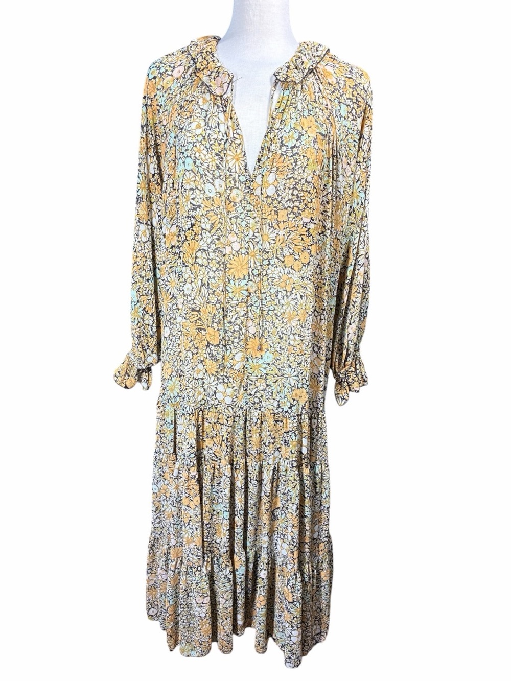 Free People Feeling Groovy Maxi Dress Yellow Black Floral Print Tiered Medium